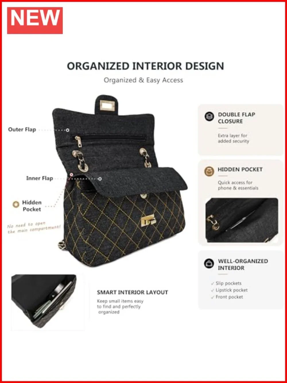 Quilted Flap Shoulder Bag with Chain Strap Adjustable Crossbody